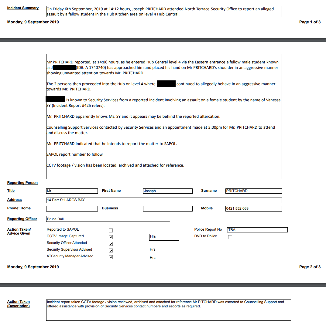 Joseph Pritchard's false university incident report